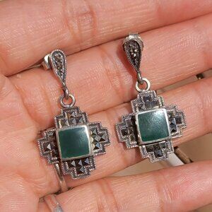Vintage Art Deco style 925 sterling silver green onyx marcasite real deal earrin
